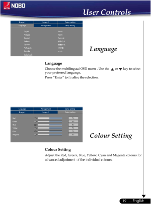 Page 1919... English
Language
Language
Choose the multilingual OSD menu . Use the or 
Colour Setting
Colour Setting
Adjust the Red, Green, Blue, Yellow, Cyan and Magenta colours for
advanced adjustment of the individual colours.
 key to select
your preferred language.
Press “Enter” to finalise the selection.
User Controls 