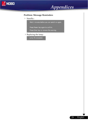 Page 2929... English
Appendices
Problem: Message Reminders
Standby :
Replacing the lamp : 