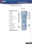 Page 99
... English
Introduction
Wireless Remote Control
1. Power
2. IR LED
3. Hide 
4. Freeze 
5.   D-Zoom
6. Display Mode
7. Menu
8. Keystone Correction
9. Re-Sync
10. Volume +
11. Volume -
12. Reset
13. Enter
14.  Four Directional     
 Select Keys
15. VGA1 Source
16. VGA2 Source
17. Composite Video    
 Source
18.  S-Video Source
4
5
6
15
9
10
11
13
2
712
1716
18
14
83
1 