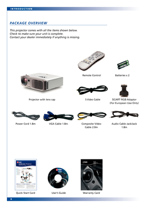 Page 6
6 INTRODUCTION
PACKAGE OVERVIEW
This projector comes with all the items shown below. 
Check to make sure your unit is complete. 
Contact your dealer immediately if anything is missing.
Projector with lens cap 
Power Cord 1.8m Composite Video  Cable 2.0mBatteries x 2
Remote Contr ol 
VGA Cable 1.8m
Audio Cable Jack/Jack 1.8m
User’s Guide
Quick Star t Card Warranty Card
SCART RGB Adaptor
(F or European Use Only)SVideo Cable
 
                         