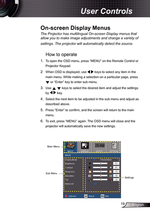 Page 19
9English

 User Controls

The	Projector	has	multilingual	On-screen	Display	menus	that	
allow	you	to	make	image	adjustments	and	change	a	variety	of	
settings.	The	projector	will	automatically	detect	the	source.	
How to operate 
.  To open the OSD menu, press “MENU” on the Remote Control or 
Projector Keypad.
2  When OSD is displayed, use   keys to select any item in the 
main menu. While making a selection on a particular page, press 
 or “Enter” key to enter sub menu.
3. Use   keys to select...