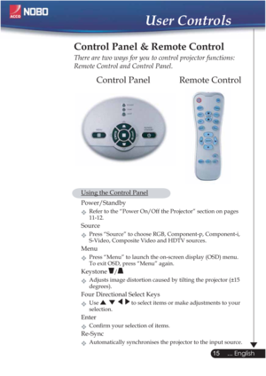 Page 1515
... English
User Controls
Remote Control Control Panel
Control Panel & Remote Control
There are two ways for you to control projector functions: 
Remote Control and Control Panel.
  Using the Control Panel
 Power/Standby  
Refer to the “Power On/Off the Projector” section on pages
   11-12.
Source
Press “Source” to choose RGB, Component-p, Component-i,
    S-Video, Composite Video and HDTV sources.
Menu
Press “Menu” to launch the on-screen display (OSD) menu.
    To exit OSD, press “Menu” again....