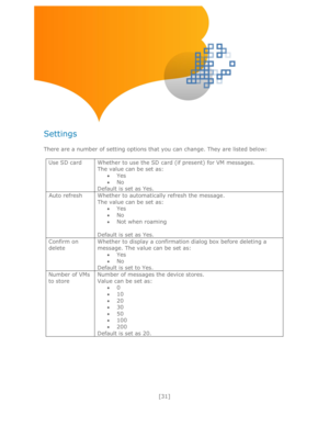 Page 31 
[31] 
 
 
 
 
 
 
Settings 
 
There are a number of setting options that you can change. They are listed below: 
 
Use SD card Whether to use the SD card (if present) for VM messages.   
The value can be set as: 
 Yes 
 No 
Default is set as Yes. 
Auto refresh Whether to automatically refresh the message.   
The value can be set as: 
 Yes 
 No 
 Not when roaming 
 
Default is set as Yes.  
Confirm on 
delete 
Whether to display a confirmation dialog box before deleting a 
message. The value can be...