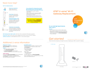 Page 1AT&T  U - v e r s e
®
 Wi-Fi 
Gateway Replacement
For use with High Speed Internet, 
Voice, and TV
self-
installation 
guide 
UVEP682_NVG589_to_NVG589_wVoice_Swap_Guide_ATT123520853-7_BC_ RELUVEP682_NVG589_to_NVG589_wVoice_Swap_Guide_ATT123520853-7_FC_REL
ATT123520853-7
NVG589 to NVG589 like for like with Voice Swap Guide 
06/15
These instructions will guide you through the process of replacing your AT&T U-verse Wi-Fi Gateway.
In the box:
Wi-Fi Gateway
ATT100070695
Power Cord
©2015 AT&T Intellectual...