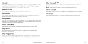 Page 31Google ApplicationsGoogle Applications5253
Google+
Connect with friends and family via Google’s social networking site . Set up circles to organize people into groups for sharing content . Create hangouts for group video chats, upload photos and videos, and much more .
Google Maps
Find local businesses, view maps, and get driving directions .
Messenger
With Google Messenger, you can bring groups of friends together into a simple group conversation with text, photos, and video chat  .
Navigation
Get free,...