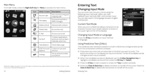 Page 910Getting Started 11
Entering Text
Main Menu
From idle mode, press the Right Soft Key for Menu to access the main menu .
Icon What it means Description
Recent CallsView your incoming and 
outgoing calls
MessagingSend and read SMS or 
MMS messages
Address Book
Add and edit contacts
Mobile WebAccess the web
E-MailAccess your email
My StuffContains applications 
and tools such as Alarm, 
Calendar, and more
Data Balance
Check data usage
AT&T Account 
BalanceCustomer care and 
services
Settings
Set up and...