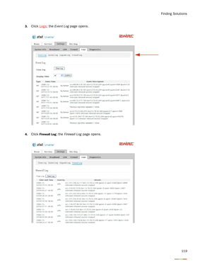 Page 123Finding Solutions
119
3.Click Logs; the Event Log page opens. 
4.Click Firewall Log; the Firewall Log page opens. 