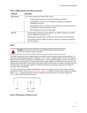 Page 7Introducing the iNID System
3
iPSU
The Power Supply Unit (iPSU) supplies power to the i3812V and is installed by your ser vice provider. The 
iPSU optimum operating temperature is between –5o C to +50o C, ambient (23.0o F to 122o F). Unlike the 
i3812V, the iPSU must be installed in a sheltered area — either inside the garage or home. If the iPSU is 
equipped with a backup batter y, during a temporary AC power outage, the power source is switched to the 
batter y without interruption of the voice-over-IP...