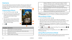 Page 295455
Camera 
You can take photos and record videos . Photos and videos are stored to the tablet’s memory card or to the tablet’s internal storage . You can copy them to your computer or access them in the Gallery app .
Capturing a Photo
 1 .    From the home screen, tap  .
 2 .    Aim the camera at the subject and  make any necessary adjustments .   AUTO camera mode is used  by default .
 3  .    Tap the area on the screen where  you want the camera to focus, or  let the camera autofocus on the  center...