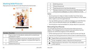 Page 3260GALLERY61GALLERY
Working With Pictures
Tap a picture in an album to view the picture in full screen . 
NumberFunction
1Tap to return to the album, where all its contents are displayed in a grid .
2Swipe horizontally to see more; double-tap a picture or pinch two fingers together or spread them apart to zoom in or out .
3Delete the picture .
4Edit the picture .
5Share the picture .
6Add the picture to the Favorite album .
7Rotate, rename, print the picture, check file details, set the picture as...