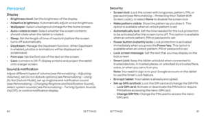 Page 4280SETTINGS81SETTINGS
Personal
Display
•   Brightness level: Set the brightness of the display .
•   Adaptive brightness: Automatically adjust screen brightness .
•   Wallpaper: Select a background image for the home screen .
•   Auto-rotate screen: Select whether the screen contents should rotate when the tablet is rotated .
•   Sleep: Set the length of time of inactivity before the screen turns off automatically .
•   Daydream: Manage the Daydream function . When Daydream is enabled, photos or...