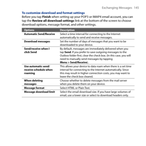 Page 145
Exchanging Messages 145

To customize download and format settingsBefore you tap Finish when setting up your POP or IMAP4 email account, you can tap the Review all download settings link at the bottom of the screen to choose download options, message format, and other settings.
OptionsDescriptionAutomatic Send/ReceiveSelect a time interval for connecting to the Internet automatically to send and receive messages.Download messagesSet the number of days of messages that you want to be downloaded to...