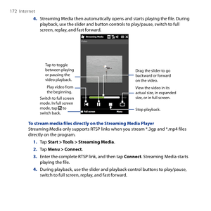 Page 172
17  Internet

4. Streaming Media then automatically opens and starts playing the file. During playback, use the slider and button controls to play/pause, switch to full screen, replay, and fast forward.
Switch to full screen mode. In full screen mode, tap  to switch back. 
Play video from the beginning.
Tap to toggle between playing or pausing the video playback. 
Drag the slider to go backward or forward on the video. 
Stop playback.
View the video in its actual size, in expanded size, or in full...