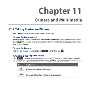 Page 195
Chapter 11   
Camera and Multimedia
11.1  Taking Photos and Videos
Use Camera to take photos and record video clips.
To open the Camera screenOn the Home screen, slide to the Photos and Videos tab and then tap the camera icon (  ). The screen orientation automatically switches to landscape mode when you open Camera.
To close the Camera
Tap the On-screen control button (  ), and then tap .
Changing the capture mode
Tap  , then tap the capture mode icon (  — the icon displayed is based on the current...