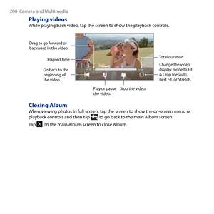 Page 208
08  Camera and Multimedia

Playing videosWhile playing back video, tap the screen to show the playback controls.
Change the video display mode to Fit & Crop (default), Best Fit, or Stretch.
Go back to the beginning of the video. 
Play or pause the video.Stop the video.
Drag to go forward or backward in the video.
Elapsed timeTotal duration
Closing AlbumWhen viewing photos in full screen, tap the screen to show the on-screen menu or playback controls and then tap  to go back to the main Album...