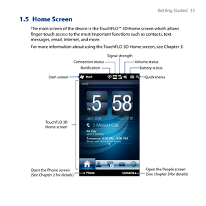 Page 33
Getting Started  

1.5 Home Screen
The main screen of the device is the TouchFLO™ D Home screen which allows finger-touch access to the most important functions such as contacts, text messages, email, Internet, and more.
For more information about using the TouchFLO D Home screen, see Chapter .
Start screen
Notification
Signal strength
Volume status
Battery status
TouchFLO D
Home screen
Connection status
Open the Phone screen 
(See Chapter  for details)Open the People...