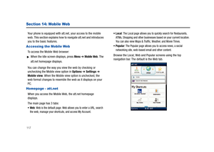 Page 122117
Section 14: Mobile Web
Your phone is equipped with att.net, your access to the mobile 
web. This section explains how to navigate att.net and introduces 
you to the basic features.
Accessing the Mobile Web
To access the Mobile Web browser:
When the Idle screen displays, press Menu ➔ Mobile Web. The 
att.net homepage displays.
You can change the way you view the web by checking or 
unchecking the Mobile view option in Options 
➔ Settings ➔ Mobile view. When the Mobile view option is unchecked, the...