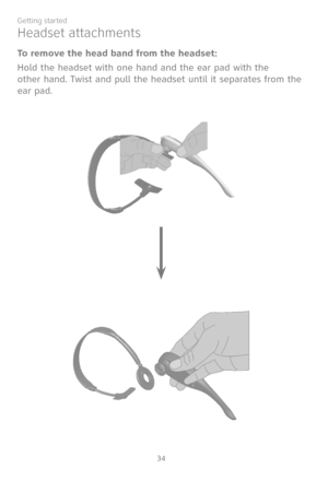 Page 41
34
Getting started

Headset attachments
To remove the head band from the headset:
Hold the headset with one hand and the ear pad with the  
other hand. Twist and pull the headset until it separates from the 
ear pad. 