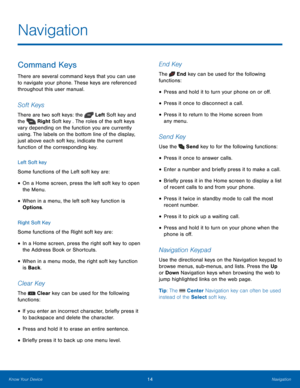 Page 1814Navigation
Know Your Device
Command Keys
There are several command keys that you can use 
to navigate your phone. These keys are referenced 
throughout this user manual.
Sof t Keys
There are two soft keys: the  Left Soft key and 
the 
 Right Soft key . The roles of the soft keys 
vary depending on the function you are currently 
using. The labels on the bottom line of the display, 
just above each soft key, indicate the current 
function of the corresponding key.
Left Soft key
Some functions of the...