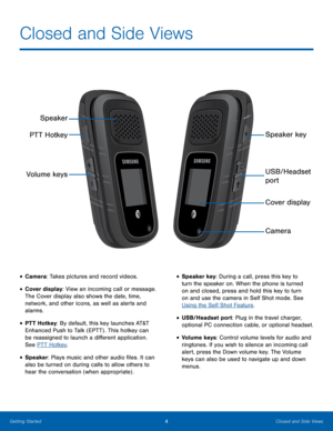 Page 84Closed and Side Views
Getting Started
• Camera: Takes pictures and record videos. 
• Cover display: View an incoming call or message. 
Th e Cover display also shows the date, time, 
network, and other icons, as well as alerts and 
alarms.
• PTT Hotkey: By default, this key launches AT&T 
Enhanced Push to Talk (EPTT) . This hotkey can 
be reassigned to launch a different application. 
See PTT Hotkey .
• Speaker: Plays music and other audio files. It can 
also be turned on during calls to allow others to...