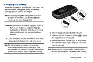 Page 15Getting Started       10
Charging the Batter y
Your phone is powered by a rechargeable Li-ion battery. Use 
the travel adapter to charge the battery, and use only 
Samsung approved batteries and chargers.
Note: You must fully charge the battery before using your 
phone for the first time. A fully discharged battery 
requires up to 4 hours of charge time.
Caution! For connection to an electrical supply not located in 
the U.S., you must use an adaptor of the proper 
configuration for the power outlet. Use...