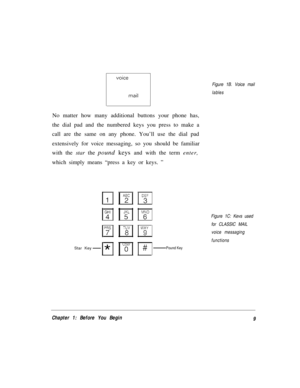 Page 11No matter how many additional buttons your phone has,
the dial pad and the numbered keys you press to make a
call are the same on any phone. You’ll use the dial pad
extensively for voice messaging, so you should be familiar
with the star the 
pound keys and with the term enter,
which simply means “press a key or keys. ”
Figure 1B. Voice mail
Iables
Figure 1C: Kevs used
for CLASSIC MAIL
voice messaging
functions
Star KeyPound Key
Chapter 1: Before You Begin
9 