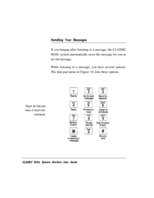 Page 31Figure 3A.- Dial pad
menu of touch tone
commands
Handling Your Messages
If you hangup after listening to a message, the CLASSIC
MAIL system automatically saves the message for you as
an old message.
While listening to a message, you have several options.
The dial-pad menu in Figure 3A lists these options.
CLASSIC MAIL System Mailbox User Guide 