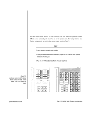 Page 109Figure 10A
Line button assignments for typical
Merlin Control Unit (left), and for
Merlin 1030/3070 Control Unit
(right).
For the initialization process to work correctly, the line button assignments on the
Merlin voice terminal ports must be set to the proper state. To verify that the line
button assignments are set to the proper state, perform Test 7.
TEST 7
For each telephone emulation cable installed:
1. Unplug the telephone emulation cable that is plugged into the CLASSIC MAIL systems
telephone...