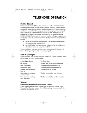 Page 27TELEPHONE OPERATION
25
Do Not Disturb
When your phone is off-hook (i.e.,you are on a call) you will hear a low
volume ring when you receive an intercomcall.In order to prevent even
this audible signal,activate the Do Not Disturb feature.When you activate
this feature you will not hear paging tones,voice paging,or incoming call
rings.Instead,the LINE lightflashes and the INTERCOM lightgoes on
tosignal an incoming call or page.If you receive an intercom call,the
INTERCOM light flashes,and the intercom...