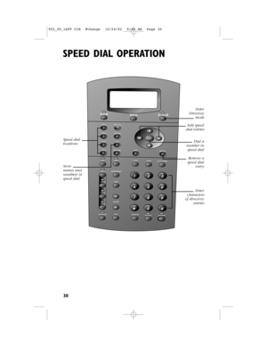 Page 32SPEED DIAL OPERATION
30
Removeaspeed dialentryStorenamesandnumbers inspeed dial
Speed diallocations
EnterDirectorymode
Edit speeddial entries
Dial anumber inspeed dial 
Entercharactersofdirectoryentries
955_00_1ATT CIB  #change  10/24/02  9:48 AM  Page 30  