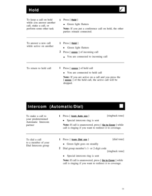Page 17Hold3
To keep a call on hold
1Press [ Hold ]
while you answer another
lGreen light flutters
call, make a call, or
perform some other taskNote: If you put a conference call on hold, the other
parties remain connected.
To answer a new call
1Press [ 
Hold ]
while active on another
lGreen light flutters
2
Press [ 
xxxxx ] of incoming call
lYou are connected to incoming call
To return to held call1
Press [ 
xxxxx ] of held call
lYou are connected to held call
Note: If you are active on a call and you press...
