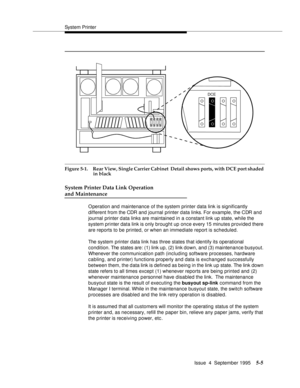 Page 126System Printer
Issue  4  September 1995
5-5
Figure 5-1. Rear View, Single Carrier Cabinet  Detail shows ports, with DCE port shaded 
in black
System Printer Data Link Operation
and Maintenance
O peration and maintenance of the system printer data link is significantly 
different from the CDR and journal printer data links. For example, the CDR and 
journal printer data links are maintained in a constant link up state, while the 
system printer data link is only brought up once every 15 minutes provided...