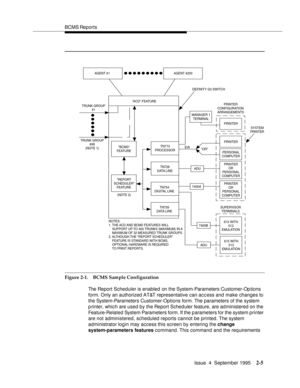 Page 16BCMS Reports
Issue  4  September 1995
2-5
Figure 2-1. BCMS Sample Configuration
The Report Scheduler is enabled on the System-Parameters Customer-Op tions 
form. Only an authorized AT&T representative can ac c ess and make changes to 
the System-Parameters Customer-Options form. The parameters of the system 
p rinter, which are used by the Report Scheduler feature, are administered on the 
Feature-Related System Parameters form. If the parameters for the system printer 
are not administered, scheduled...