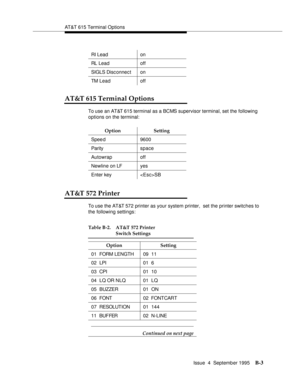 Page 178AT&T 615 Terminal Options
Issue  4  September 1995
B-3
AT&T 615 Terminal Options
To use an AT&T 615 terminal as a BCMS supervisor terminal, set the following 
options on the terminal: 
AT&T 572 Printer
To use the AT&T 572 printer as your system printer,  set the printer switches to 
the following settings: RI Lead on 
RL Lead off 
SIGLS Disc onnec t on 
TM Lead off 
Option Setting
Spee d 9600 
Parityspace 
Autowrap off 
Newline on LF yes 
Enter keySB 
Table B-2. AT&T 572 Printer
Switch Settings 
Option...