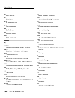 Page 201Abbreviations
ABB-2Issue  4  September 1995
BLF
Busy Lamp  Fiel d
BN
Billing Number
BOS
Bit Oriented Signaling
BPN
Billed Party Number
BPS
Bits Per Se c on d
BRI
Basic Rate Interface
BTU
British Thermal Unit
C
CA-TSC
Call-Associated Temporary Signaling Connection
CACR
Cancellation of Authorization Code Request
CAG
Coverage Answer Group
CAMA
Centralized Automatic Message  Accounting
CARR-POW
Carrier Port and Power Unit for AC Powered Systems
CAS
Centralized Attendant Service, Call  Accounting System
CBC...