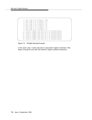 Page 117ANI and II-Digits Routing
7-8Issue  4 September 1995 
Figure 7-4. II-Digits Routing Example
In this vector, step 1 routes calls with no associated ii-digits to extension 1232. 
Steps 2 through 8 route calls with different ii-digits to different extensions.
  1. goto step 9 if ii-digits = none
2. goto step 10 if ii-digits = 00
3. goto step 11 if ii-digits = 01
4. goto step 12 if ii-digits = 06
5. goto step 13 if ii-digits = 07
6. goto step 13 if ii-digits = 29
7. goto step 14 if ii-digits = 27
8. goto...