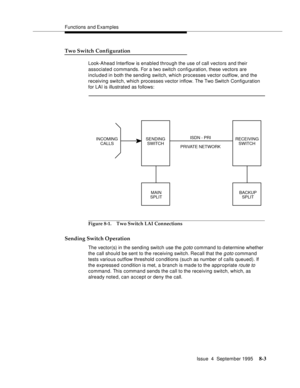 Page 120Functions and Examples
Issue  4  September 1995
8-3
Two Switch Configuration
Look-Ahead Interflow is enabled through the use of call vectors and their 
associated commands. For a two switch configuration, these vectors are 
included in both the sending switch, which processes vector outflow, and the 
receiving switch, which processes vector inflow. The Two Switch Configuration 
for LAI is illustrated as follows:
Figure 8-1. Two Switch LAI Connections
Sending Switch Operation
The vector(s) in the sending...