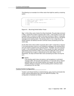 Page 126Functions and Examples
Issue  4  September 1995
8-9
The following is an example of an inflow vector that might b e used by a receiving 
switch:
Figure 8-3. Receiving Switch Inflow Vector
Step 1 of this inflow vector checks the inflow thresholds. The 
g oto step command 
in Step 1 chec ks the number of queued calls in split 1. If the number of such calls 
is greater than 5, a branch is made to the 
busy command in Step 6. If executed, 
the 
busy command denies the call, and the receiving switch returns a...