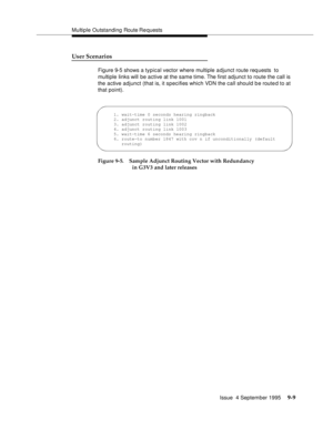 Page 140Multiple Outstanding Route Re quests
Issue  4 September 1995
9-9
User Scenarios
Figure 9-5 shows a typical vector where multiple adjunct route requests  to 
multiple links will be active at the same time. The first adjunct to route the call is 
the active adjunct (that is, it specifies which VDN the call should be route d to at 
that point).
Figure 9-5. Sample Adjunct Routing Vector with Redundancy 
in G3V3 and later releases
1. wait-time 0 seconds hearing ringback
2. adjunct routing link 1001
3. adjunct...