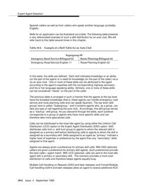 Page 146Expert Agent Selection
10-6Issue  4   Septem ber 1995
Spanish callers as well as from callers who speak another language (probably 
English).
Skills for an a p plication can be illustrate d via a ta ble. The following table presents 
a very a b breviated example of such a skill d istribution for an auto club. We will 
refer b ac k to this table several times in this chapter.
In this ta ble, five skills are d efined.  Each skill indicates knowledge or an ability 
(on the part of the agent) or a need for...