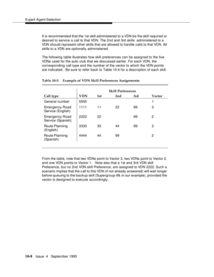 Page 148Expert Agent Selection
10-8Issue  4   Septem ber 1995
It is recommend e d that the 1st skill administered to a VDN b e the skill required or 
desired to service a call to that VDN. The 2nd and 3rd  skills  administered to a 
VDN should represent other skills that are allowed to handle calls to that VDN. All 
skills to a VDN are optionally administered.
The following table illustrates how skill preferences can be assigned to the five 
VDNs used for the auto club that we discussed earlier. For each VDN,...