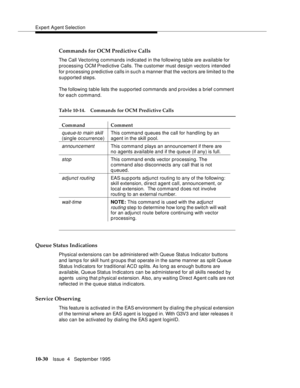 Page 170Expert Agent Selection
10-30Issue  4   September 1995
Commands for OCM Predictive Calls
The Call Vectoring commands indicated in the following table are available for 
processing OCM Predictive Calls. The customer must design vectors intended 
for p rocessing predictive calls in such a manner that the vectors are limited to the 
supported steps.
The following table lists the supported commands and p rovides a brief c omment 
for each command.
Queue Status Indications
Physical extensions can be...