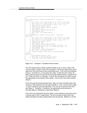 Page 181Customer Service Center
Issue  4   September 1995
11-3
Figure 11-1. Example 1:  Customer Service Center
First, let’s assume that a priority customer places a call. In such a case, if the 
correct number is dialed, vector 22 is accessed.  The first two steps of this vector 
determine if the c all arrives during nonbusiness hours.  If the call arrives between 
5:00 p.m. and 8:00 a.m. on any given day, Step  1 routes the call to Vector 29.  
Step 2 d oes the same if the c all arrives d uring the weekend...