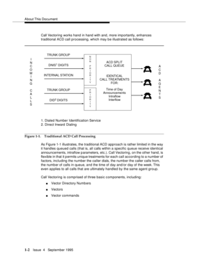 Page 20About This  Document
1-2Issue  4   September 1995
Call Vectoring works hand in hand with and, more imp ortantly, enhances 
traditional ACD call processing, which may be illustrated as follows:
1. Dialed Number Identification Service
2. Direct Inward  Dialing
Figure 1-1. Traditional ACD Call Processing
As Figure 1-1 illustrates, the traditional ACD  approach is rather limited in the way 
it handles queued calls (that is, all calls within a specific queue receive identical 
announcements, intraflow p...