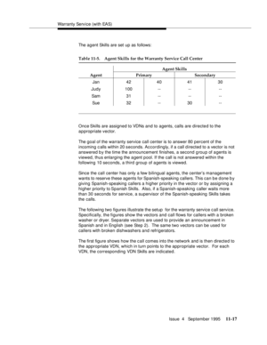 Page 195Warranty Service (with EAS)
Issue  4   September 1995
11-17
The agent Skills are set up as follows:
Once Skills are assigned to VDNs and to agents, calls are directed to the 
appropriate vector.
The goal of the warranty service call center is to answer 80 percent of the 
incoming calls within 20 seconds. Accordingly, if a call d irected to a vector is not 
answered b y the time the announcement finishes, a second group of agents is 
viewed, thus enlarging the a gent p ool. If the call is not answered...