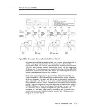Page 197Warranty Service (with EAS)
Issue  4   September 1995
11-19
Figure 11-11. Example 6: Warranty Service Call Center (Part 2)
Let’s assume that a Spanish-speaking caller has a broken dryer and decides to 
c all the warranty service call center.  In such a case, the caller dials the 
appropriate number. The call then enters the network (switch) and is d irected to 
VDN 1203, which points to Vector 2.  As illustrated earlier, VDN Skill preferences 
42 (dryers) and 40 (laundry appliances) are administered as...