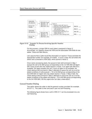 Page 199Resort Reservation Service (with EAS)
Issue  4   September 1995
11-21
Figure 11-12. Example 7A: Process Involving Specific Number 
Dialing
For this process, a single VDN for each state is assigned to Vector 2.  
Accordingly, our diagram shows the VDN and the associated VDN Skills for two 
states: Texas and New Mexico.
Let’s assume that a caller would like information on resorts in Texas and dials the 
appropriate number (for example, 615-3222).  In such a case, the call enters the 
switch and is directed...