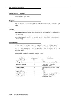 Page 233Call Vectoring Commands
A-26Issue  4  September 1995 
Check-Backup Command
check-backup split (skill)
Purpose
Checks the status of a sp lit (skill) for possible termination of the call to that split 
(skill). 
Syntax
check-backup split < s plit #> pri < p riority level>  if  [  
< threshold> ]  
check-backup skill  pri < priority level>  if  [< comparator> 
< threshold> ]  
Valid Entries
split #:  1 through 99 (G3i), 1 through 255 (G3r), 1 through 24 (G3s, G3vs)
skill #:  
1 through 99 (G3i), 1 through...