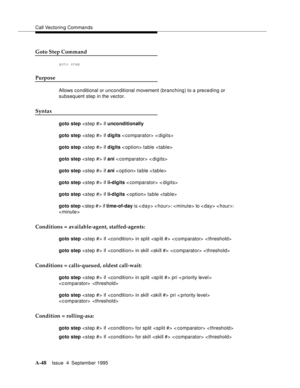 Page 255Call Vectoring Commands
A-48Issue  4  September 1995 
Goto Step Command
goto step
Purpose
Allows conditional or unconditional movement (branching) to a preceding or 
subsequent step in the vector.
Syntax
goto step  if unconditionally
goto step  if digits < comparator> < digits>
goto step  if digits < option> table 
goto step  if ani < comparator> < digits>
goto step  if ani < option> table 
goto step  if ii-digits < comparator> < digits>
goto step  if ii-digits < option> table 
goto step < ste p # > if...