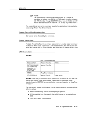 Page 266goto vector
Issue  4  September 1995
A-59
NOTE:
The syntax for this condition can be illustrated by a couple of 
examples, as follows: 
mon 8:01 to fri 17:00 means ‘‘anytime b etween 
8:01 A.M. Monday through 5:00 P.M. Friday,’’ and 
all 17:00 to all 8:00 
means ‘‘between 5:00 P.M. and 8:00 A.M. on any day of the week.’’)
The unconditional form of the c ommand is useful for applications that require the 
processing of more than 32 commands.
Answer Supervision Considerations
Call answer is not affected by...